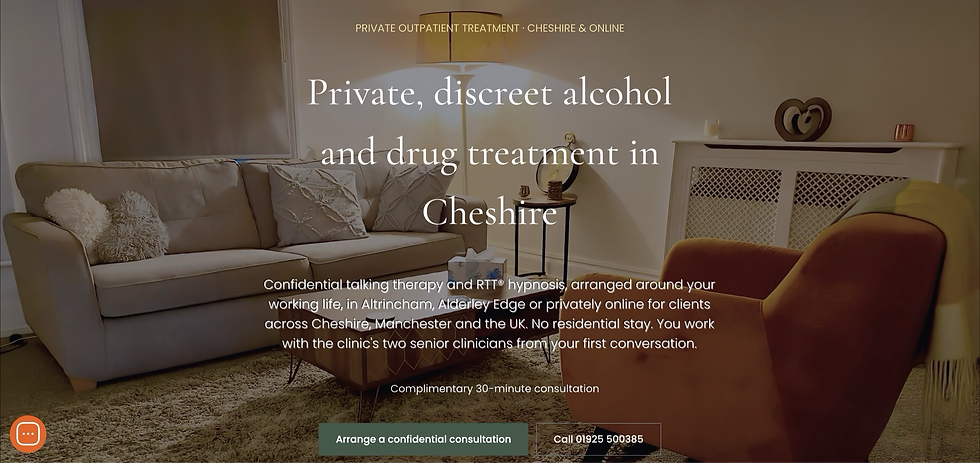 Cheshire Sobriety Clinic consulting room with the heading ‘Private, discreet alcohol and drug treatment in Cheshire’