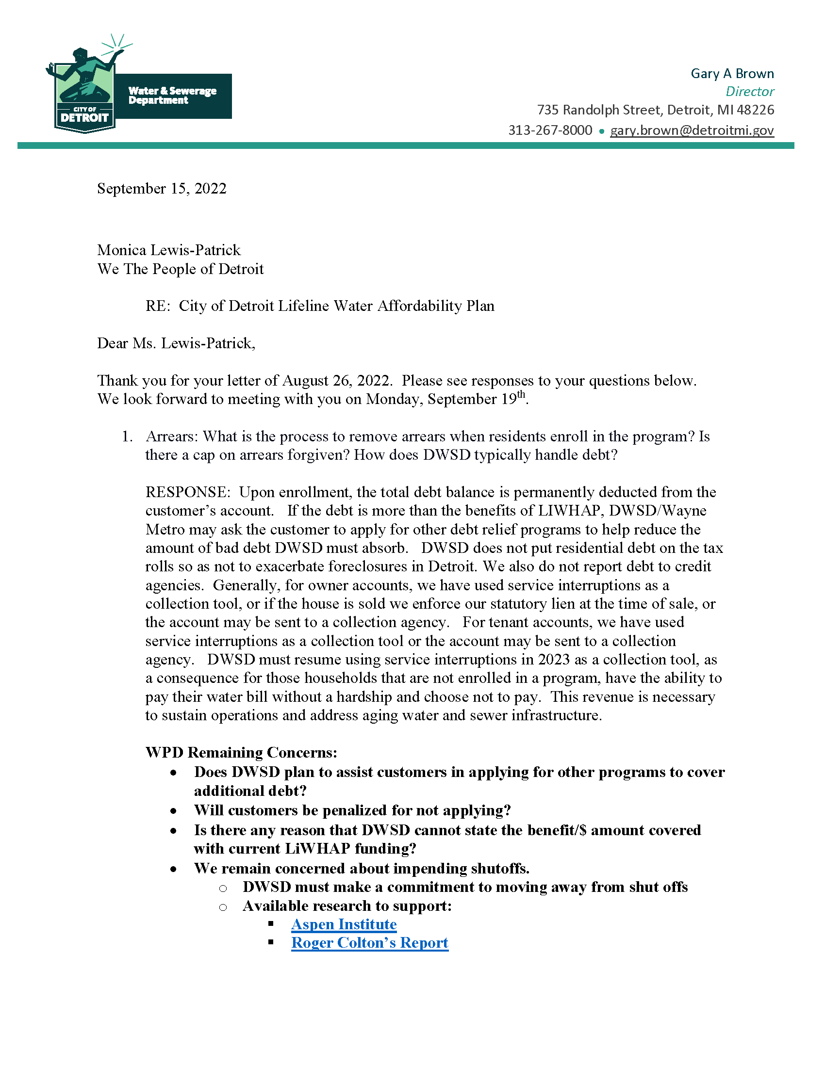 August 26 Communication from DWSD