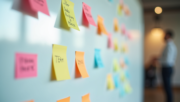Close-up of a whiteboard with colorful sticky notes showing ideas and progress