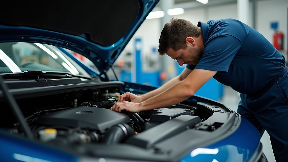 Close-up view of a technician inspecting vehicle engine