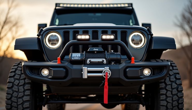 Close-up of a Jeep front bumper with mounted winch and LED lights