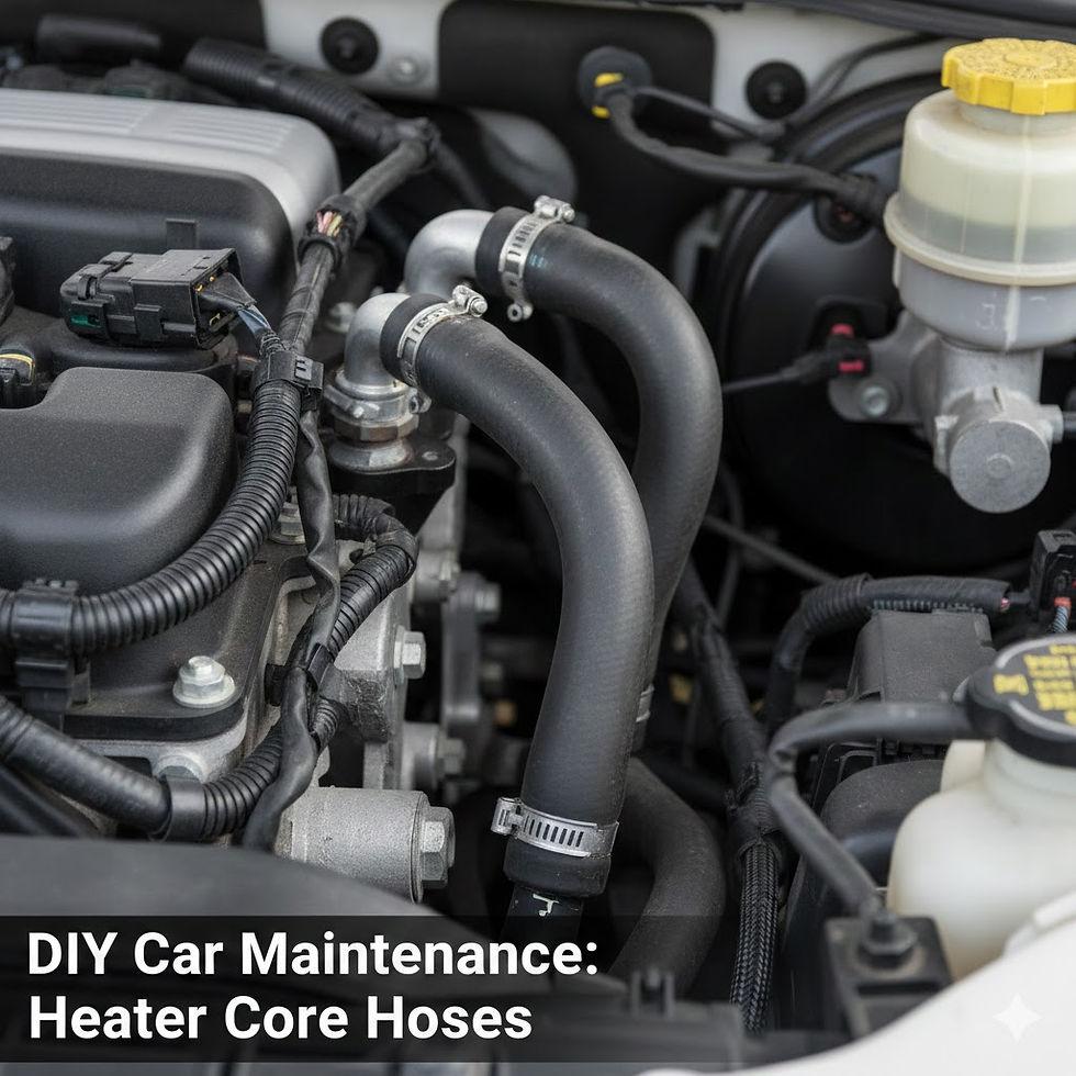 Eye-level view of vehicle engine compartment focusing on heater core hoses