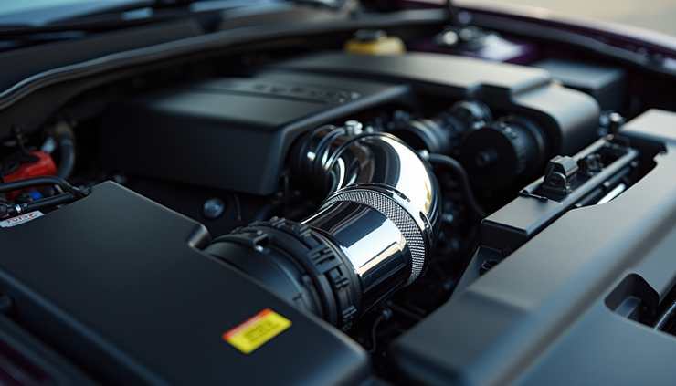 Close-up view of a car engine with an aftermarket air intake system installed