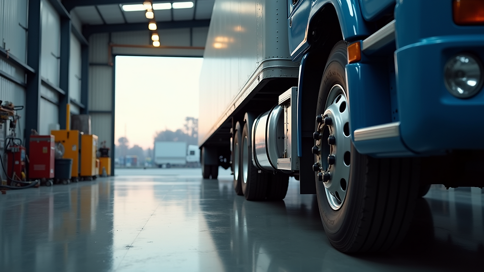 Eye-level view of a truck trailer parked in a maintenance area