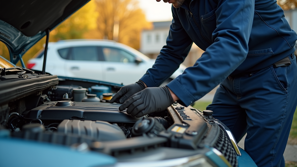 Eye-level view of a mobile mechanic working on a car engine outdoors