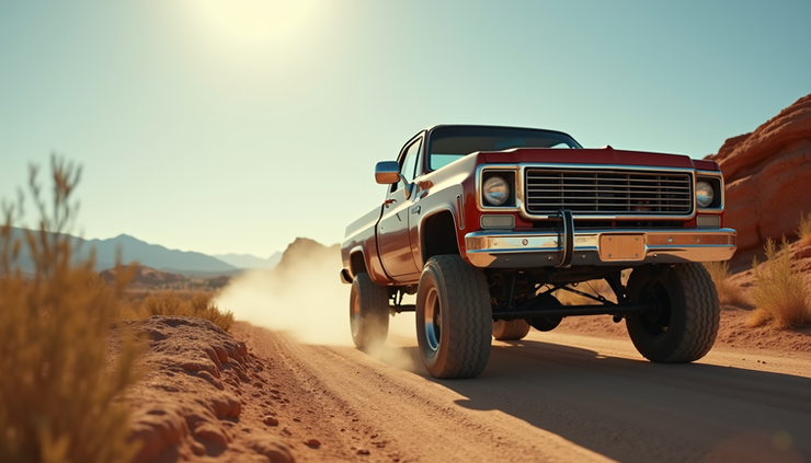 Eye-level view of OBS truck with lifted suspension and upgraded shocks on a dirt road