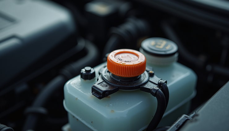 Eye-level view of brake fluid reservoir with cap removed and fluid visible