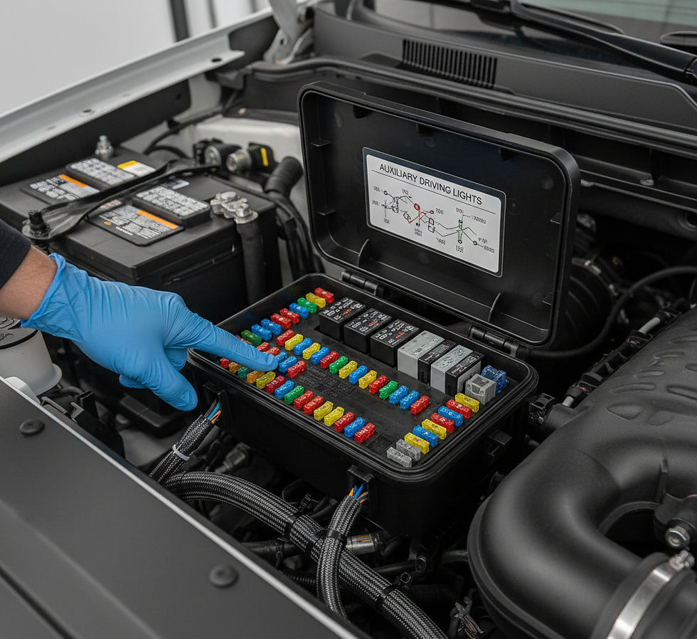 High angle view of fuse holder installed near truck battery with clear labeling