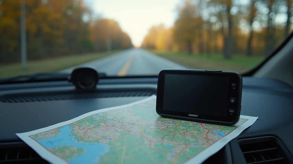 Close-up view of GPS device and paper map on vehicle dashboard