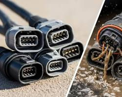 Eye-level view of a vehicle wiring harness with exposed connectors for voltage drop testing