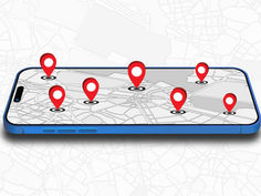 Smartphone displaying a map with multiple red location pins. The phone has a blue edge, and the background features a faint map design