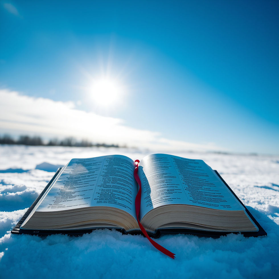 Open Bible on snow under bright sun and clear blue sky, with a red ribbon bookmark. Peaceful, serene winter setting.