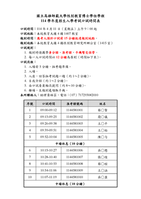 114學年度性別教育博士學位學程招生入學考試口試時間表