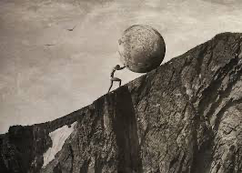 Sisyphus pushing rock