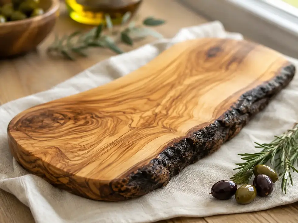 Handcrafted live-edge olive wood serving board with natural grain.