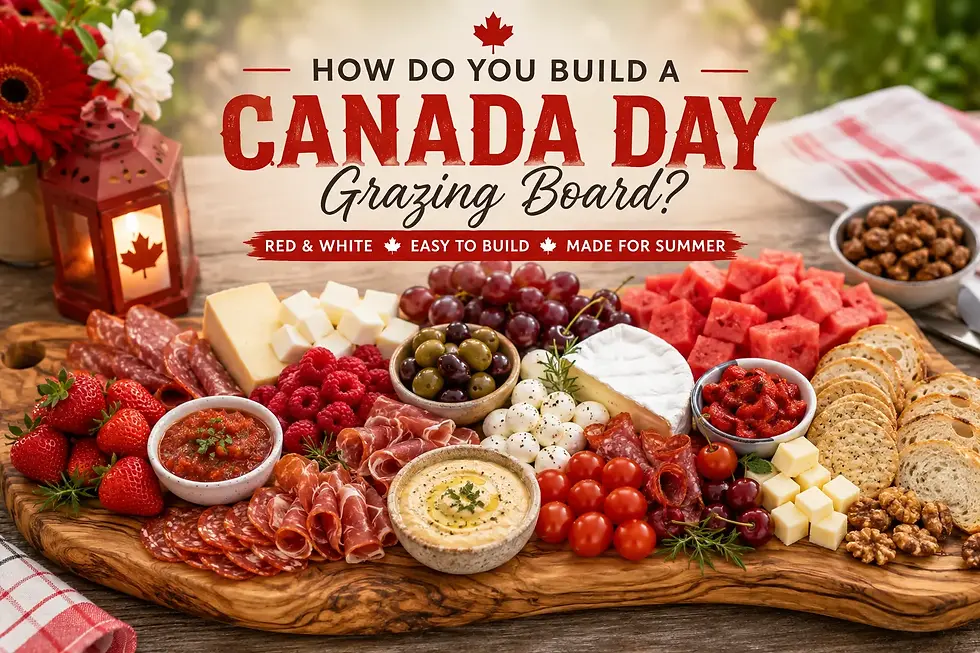 Canada Day olive wood grazing board with cheese, fruit, crackers, and cured meats.