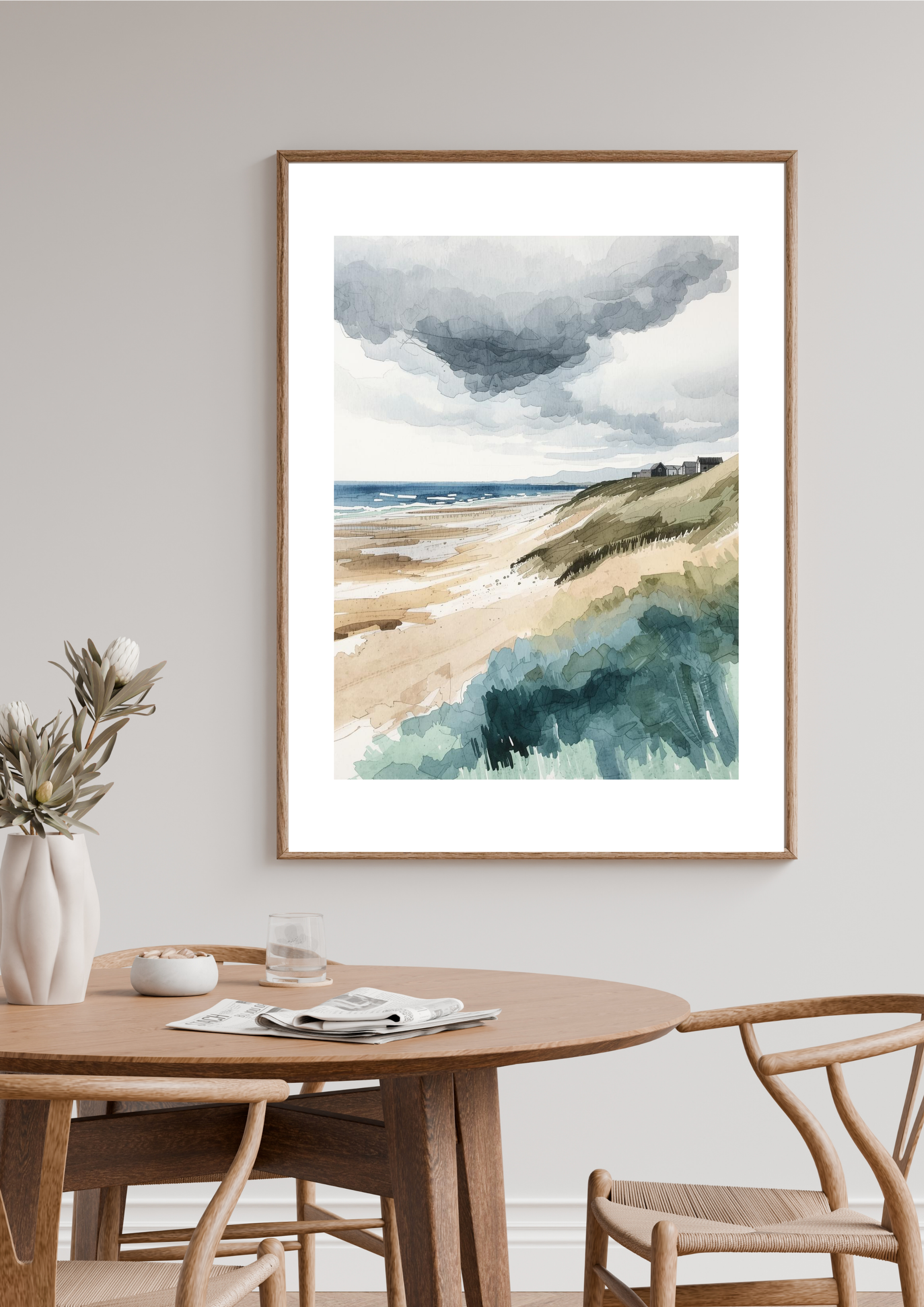 Art print of a remote Scottish beach with brilliant white sand, turquoise water, and clear blue skies.