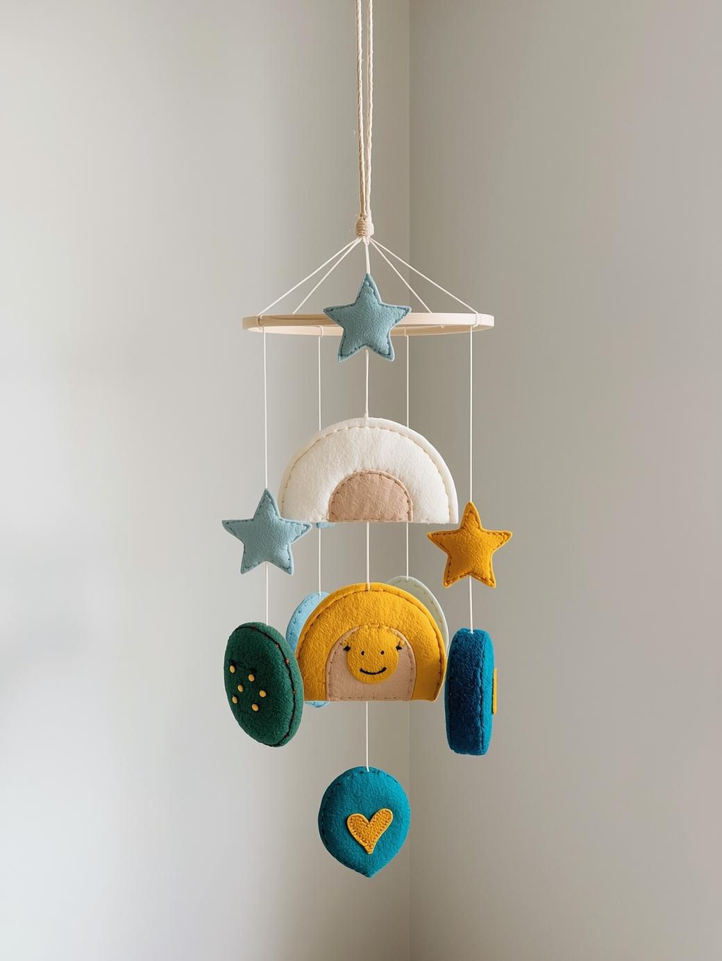 Finished boho-style rainbow mobile hanging over a wooden crib for a boy.