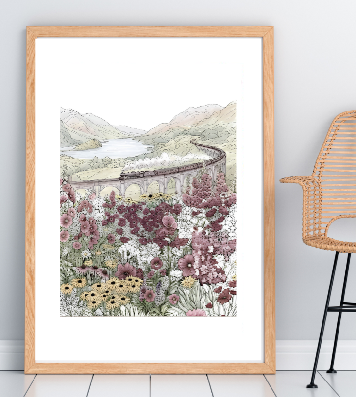 Framed illustration of the Glenfinnan Viaduct in Scotland with a steam train and detailed botanical foreground.