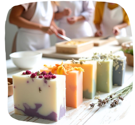 Close-up of finished soap bars with decorative patterns