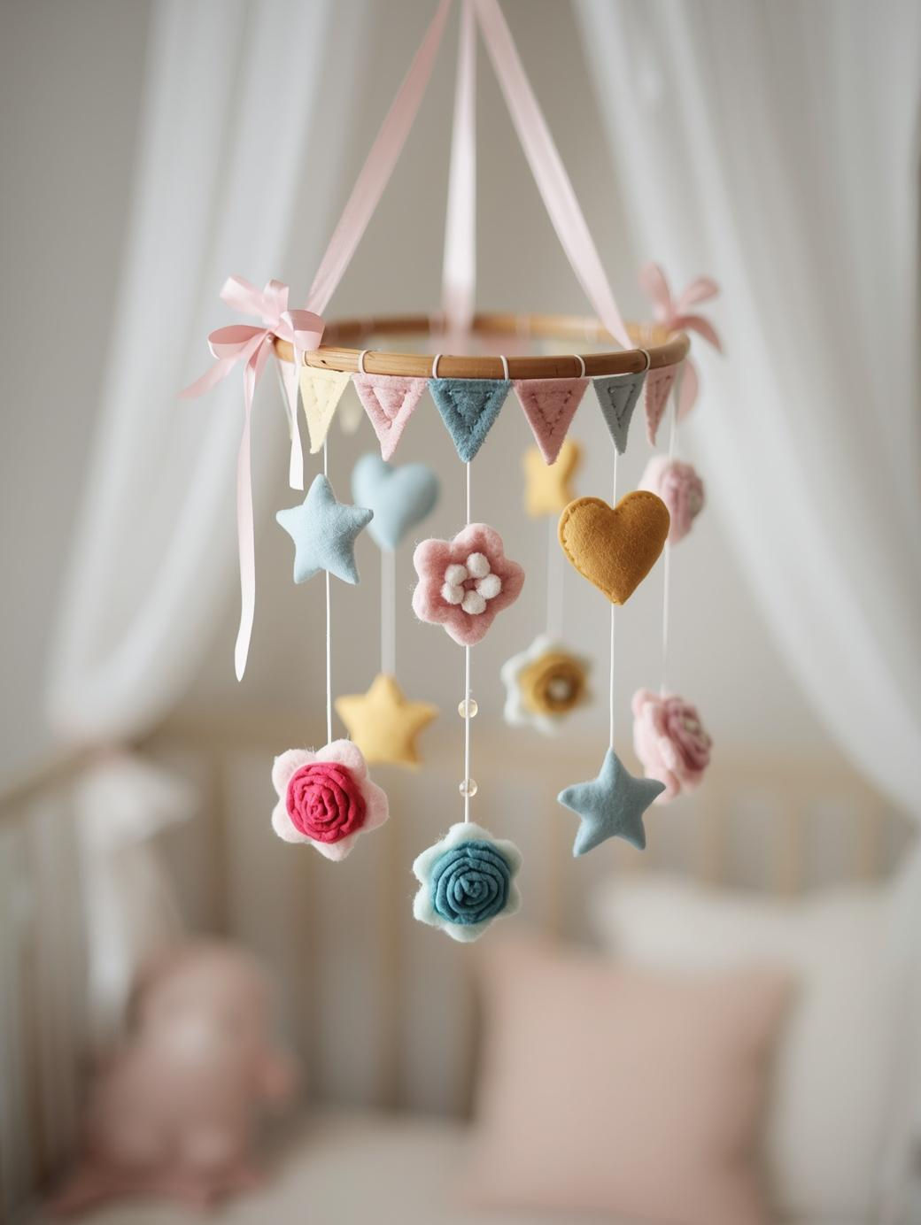 Finished product from the DIY felt baby mobile craft kit featuring stars, hearts, and flowers hanging from a wooden hoop.