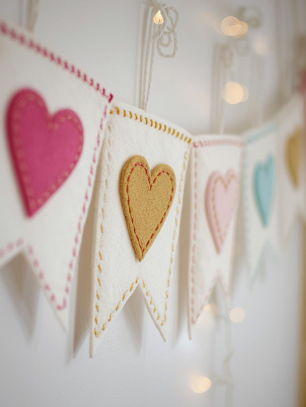 A finished heart-shaped felt bunting banner draped across a girls' bedroom