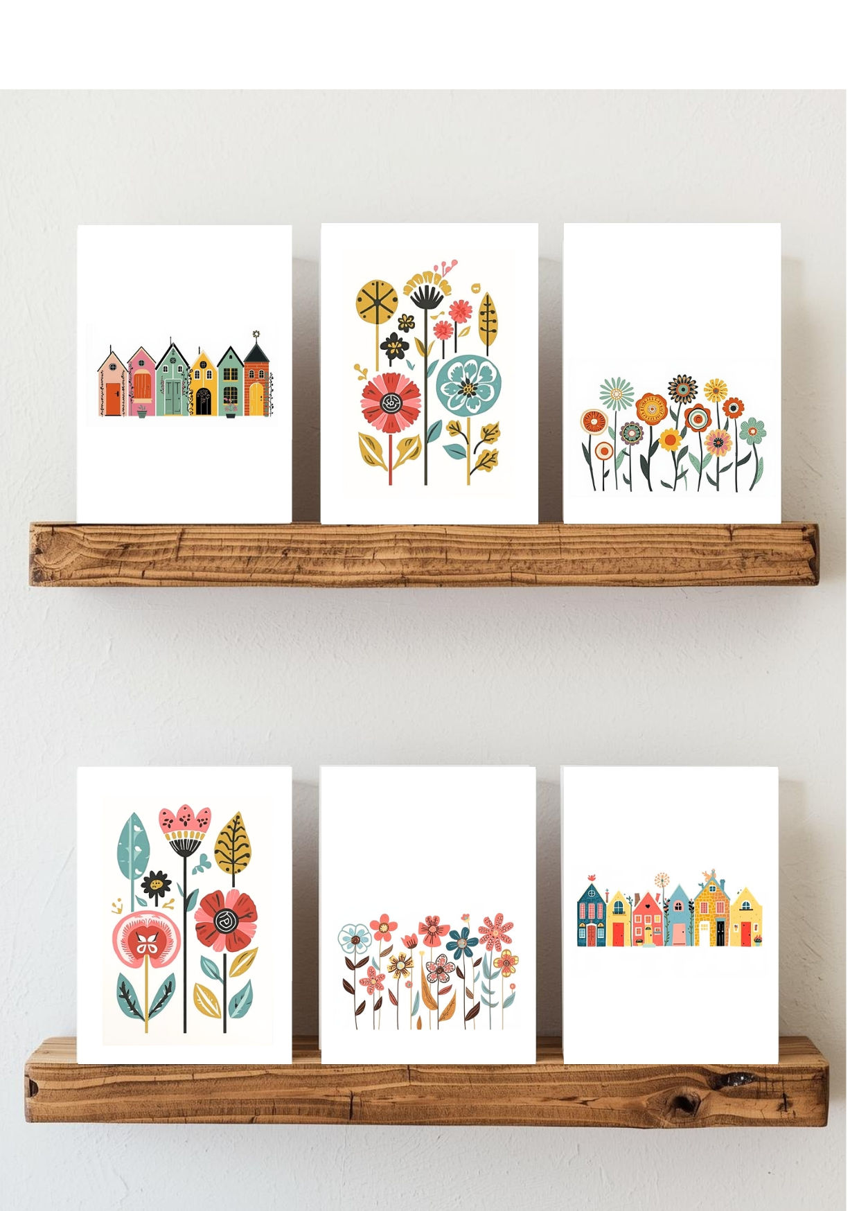 6 whimsical folk art greeting cards.