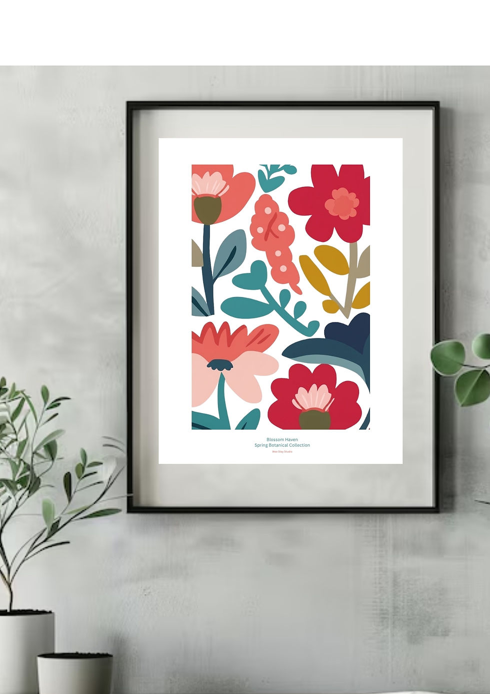 Bold mid-century modern abstract floral poster featuring flat graphic flower shapes in vibrant red, coral pink, mustard yello