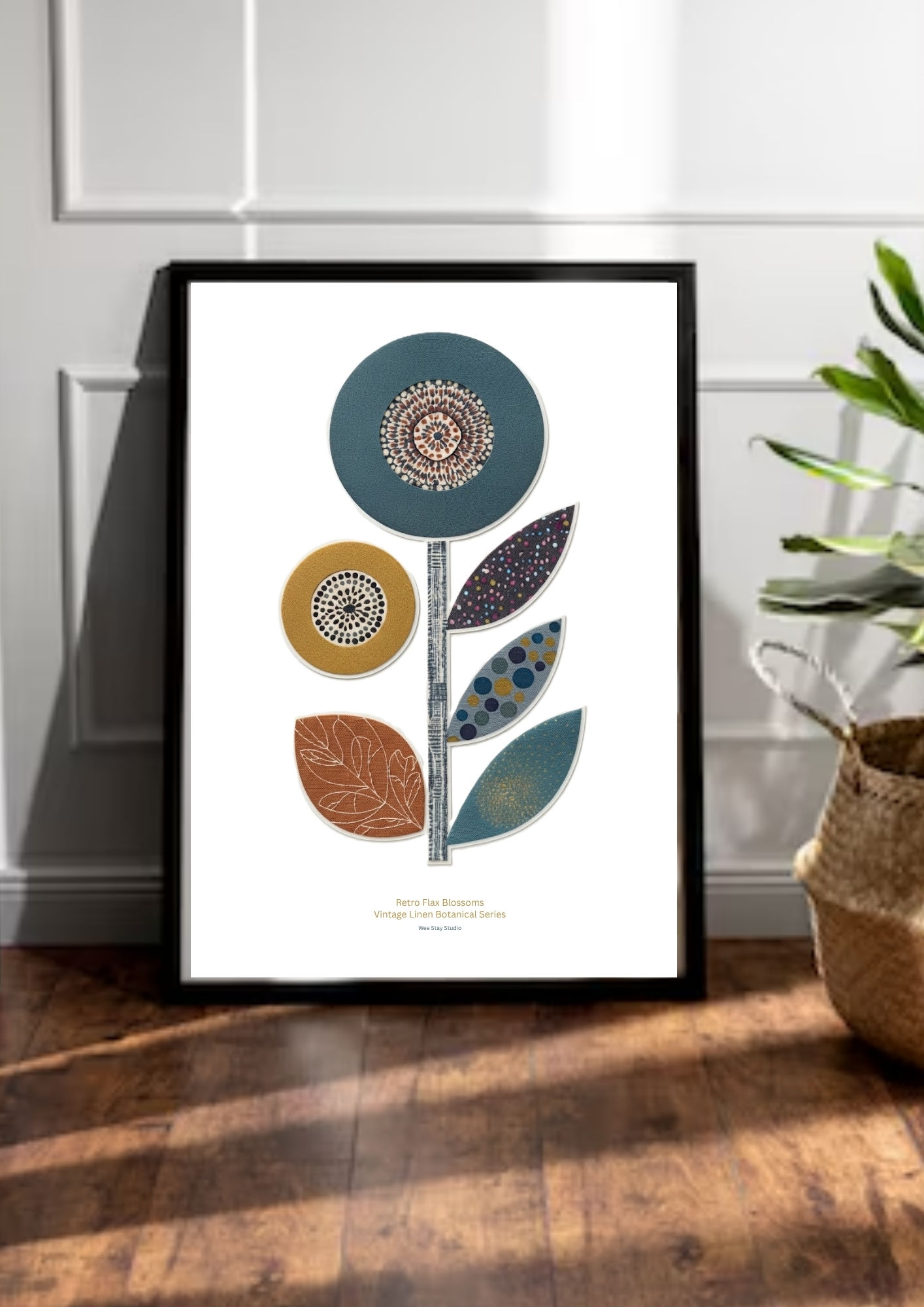 Minimalist mid-century modern poster illustration featuring a stylized flower stalk with geometric circular blooms and textur