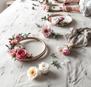 Felt flowers added to embroidery hoops during a Wee Stay Studio workshop