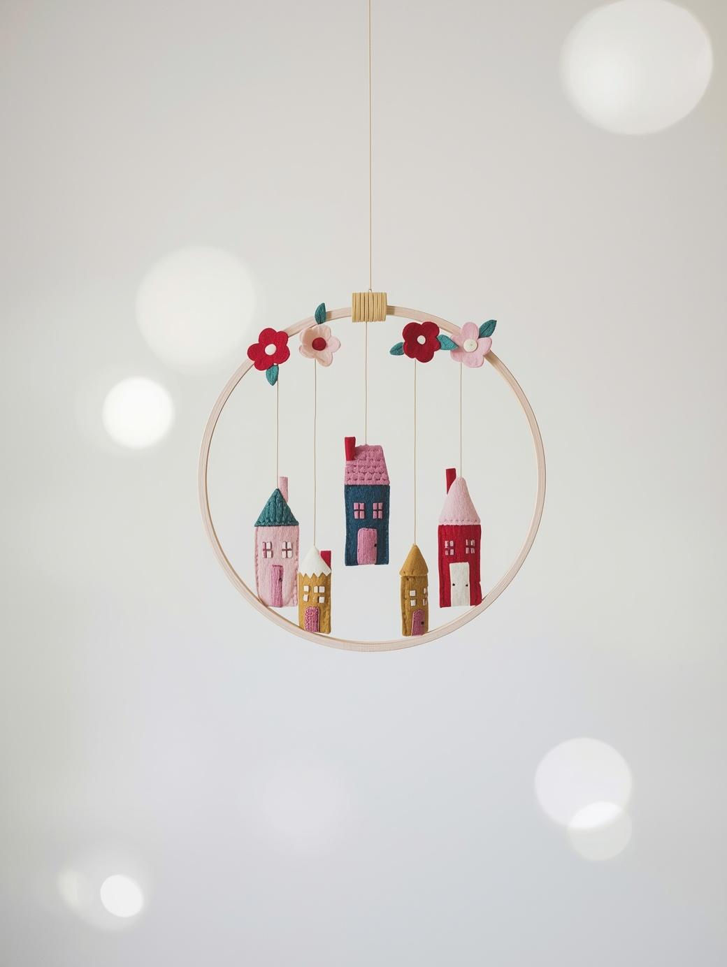All-in-one DIY baby mobile kit including felt shapes, wooden hoop, and hanging string for nursery decor.