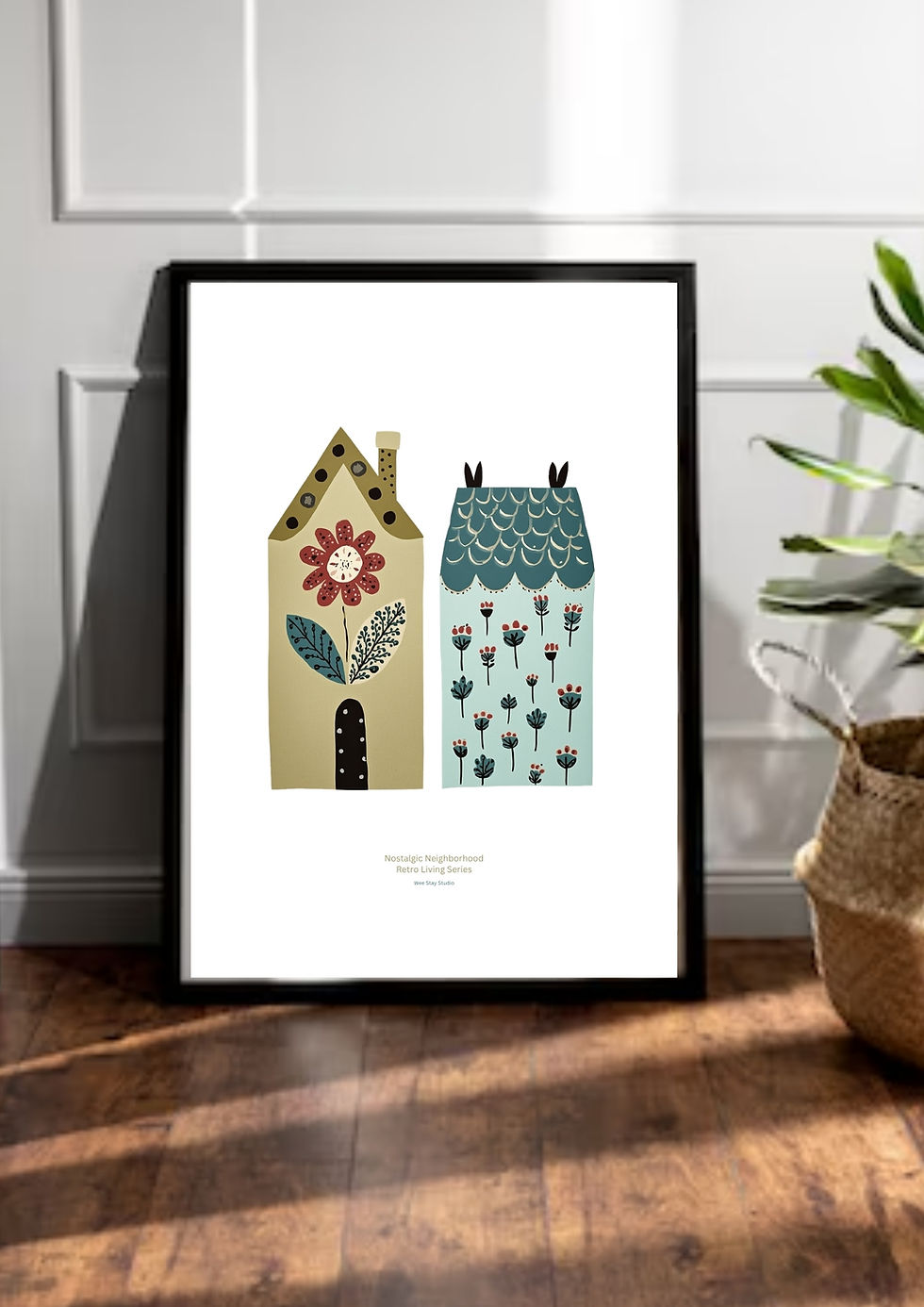 Whimsical mid-century modern art poster featuring a warm khaki floral house silhouette beside a soft blue-grey folk art cotta