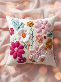 Decorative felt and embroidery cushions (pillows) featuring detailed hand stitching and felt appliqué designs.