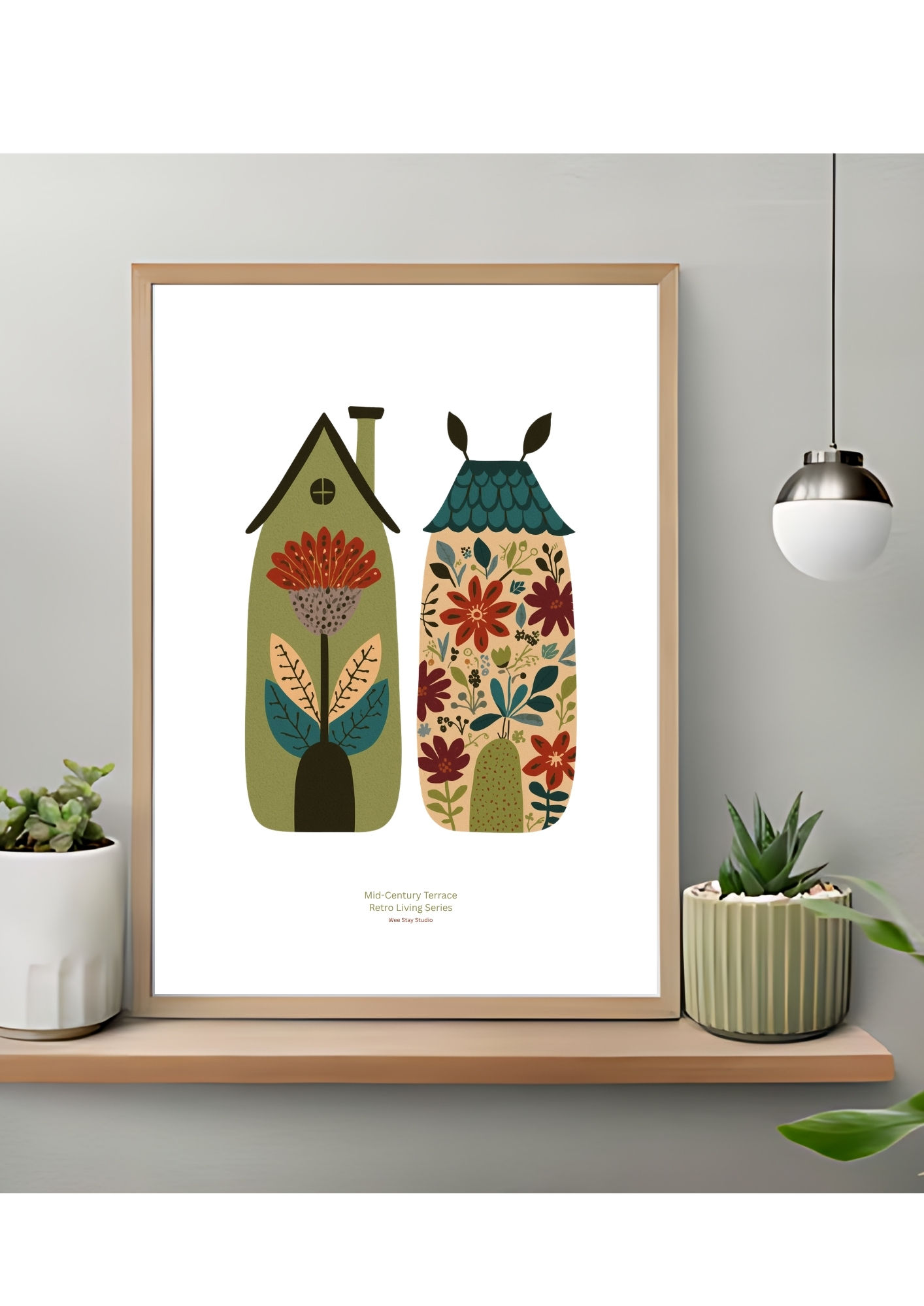 Whimsical mid-century modern art poster featuring a khaki-olive floral house silhouette with a patterned roof