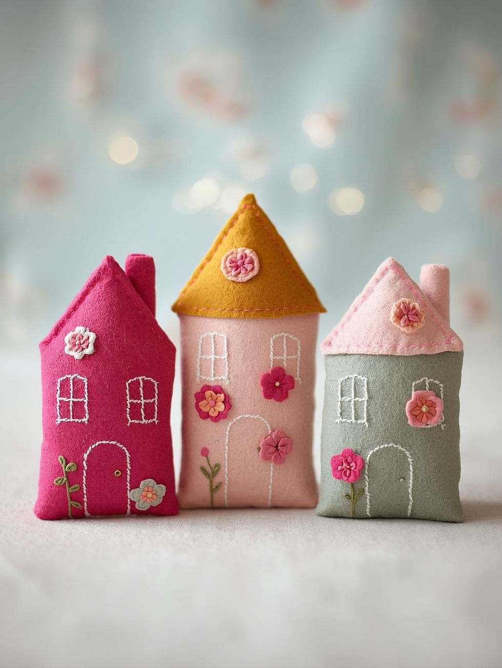 An image featuring one of the houses alongside a booklet or printed page showing basic stitching diagrams (e.g., blanket stit