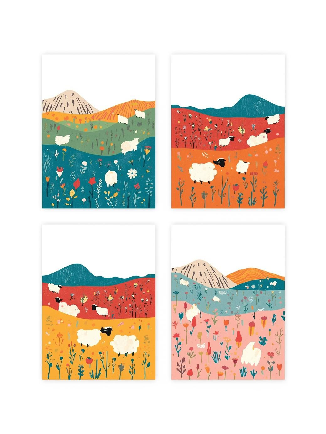 Four colorful cottagecore greeting cards featuring whimsical rolling hills, wildflowers, grazing sheep, and country cottages.