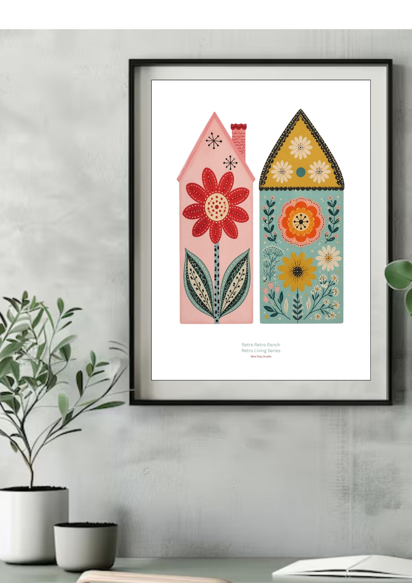 Whimsical mid-century modern art poster featuring a pink floral house silhouette beside a teal folk art cottage