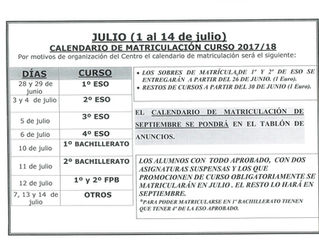 CALENDARIO MATRICULACIÓN JULIO