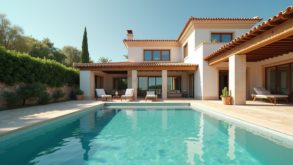 Close-up view of a beautiful Spanish villa with a pool