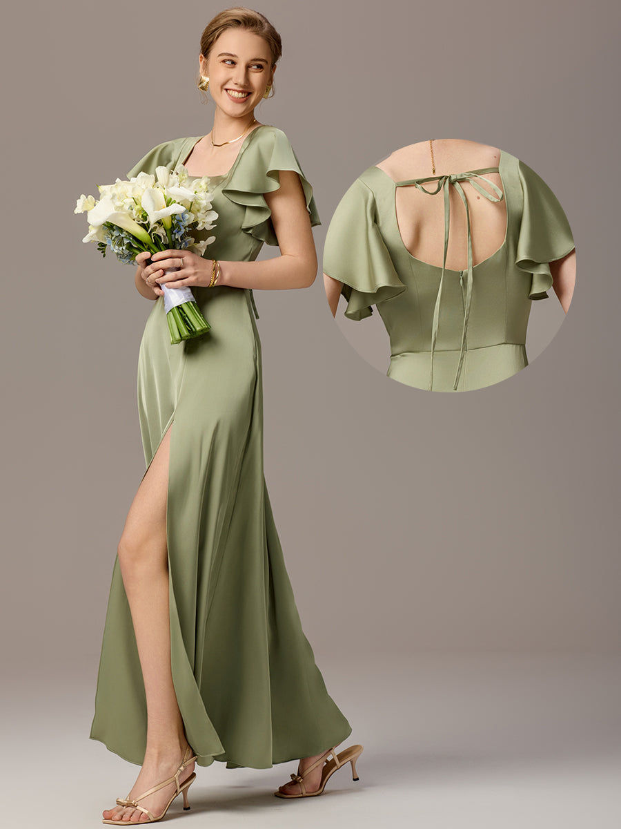Satin Square Neck Short Sleeve Ruffled Maxi Bridesmaid Gown with Pockets