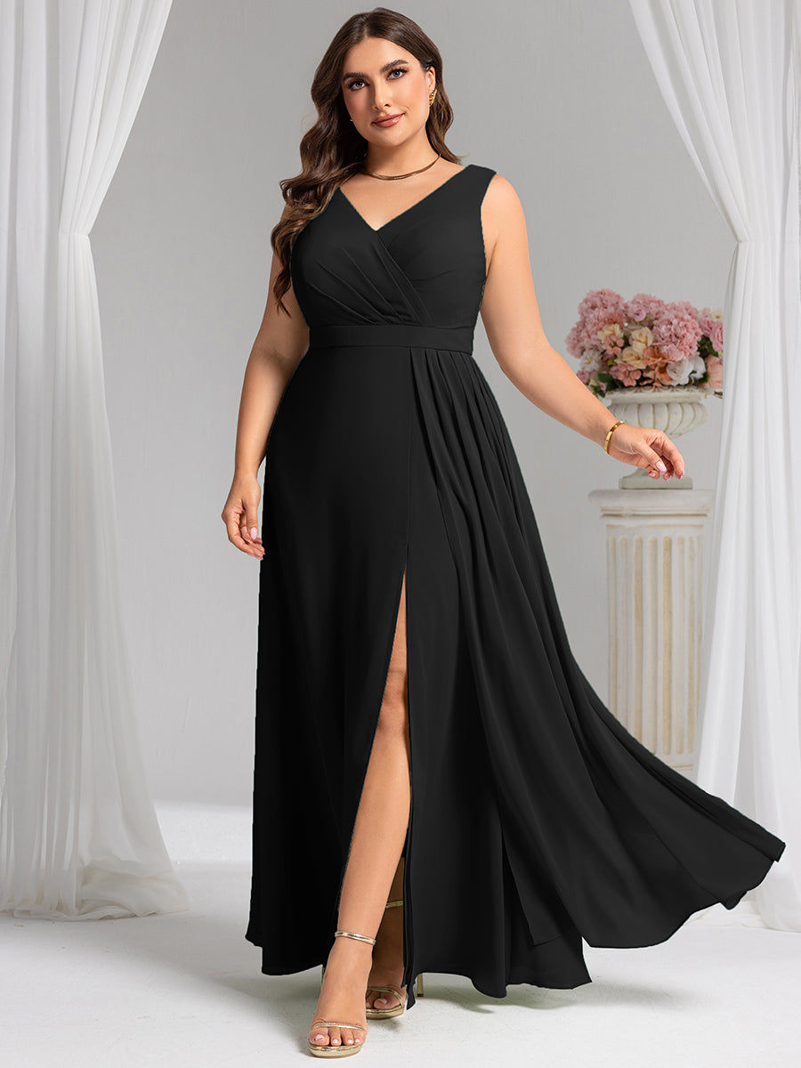 Thumbnail: Plus Size V-Neck A-Line Sleeveless Slit Bridesmaid Gown