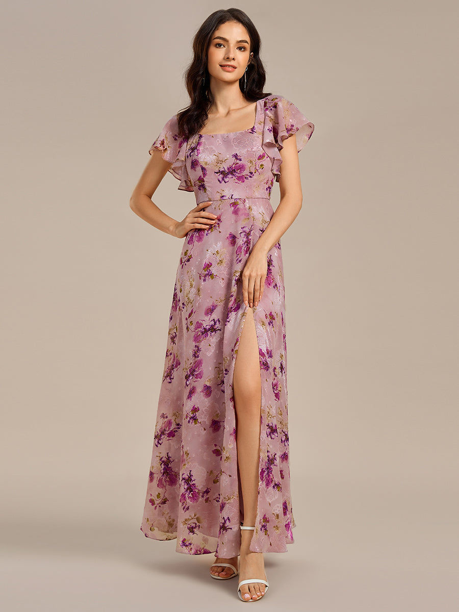 Short Sleeve Ruffle A-Line Backless Floor-Length Bridesmaid Gown