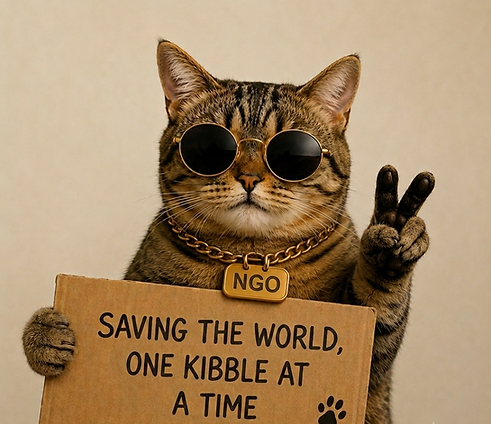 Cat wearing sunglasses holding a cardboard sign that says ''Saving the world, one kibble at a time.''