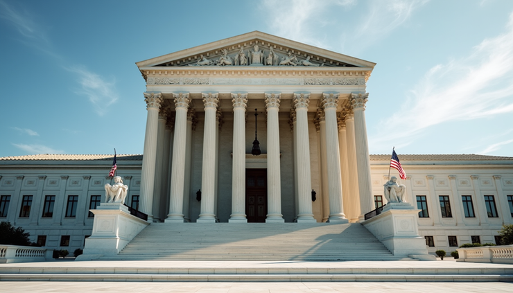 Eye-level view of the Supreme Court building facade with American flags