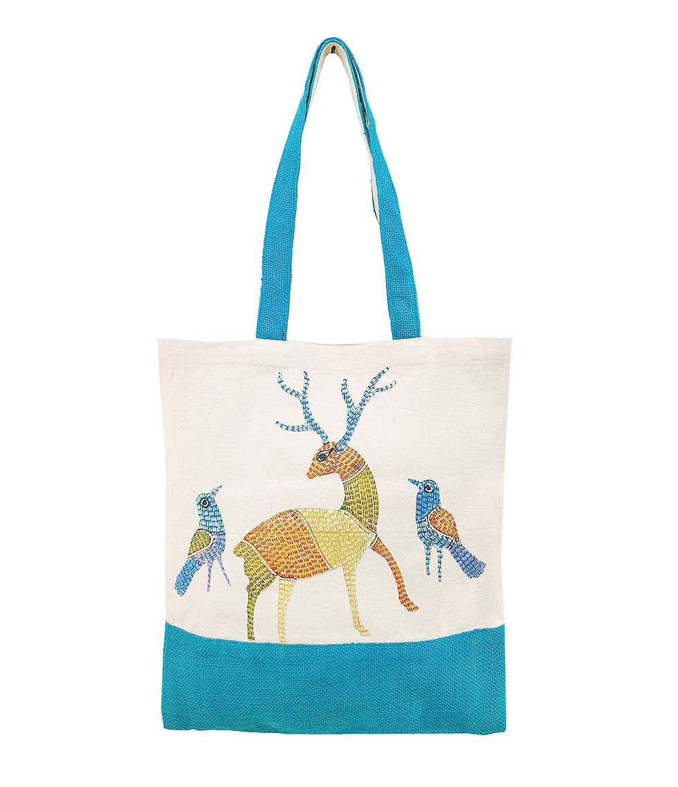 Thumbnail: Earthworks hand painted Canvas Jute Tote bag - GOND ART - Deer