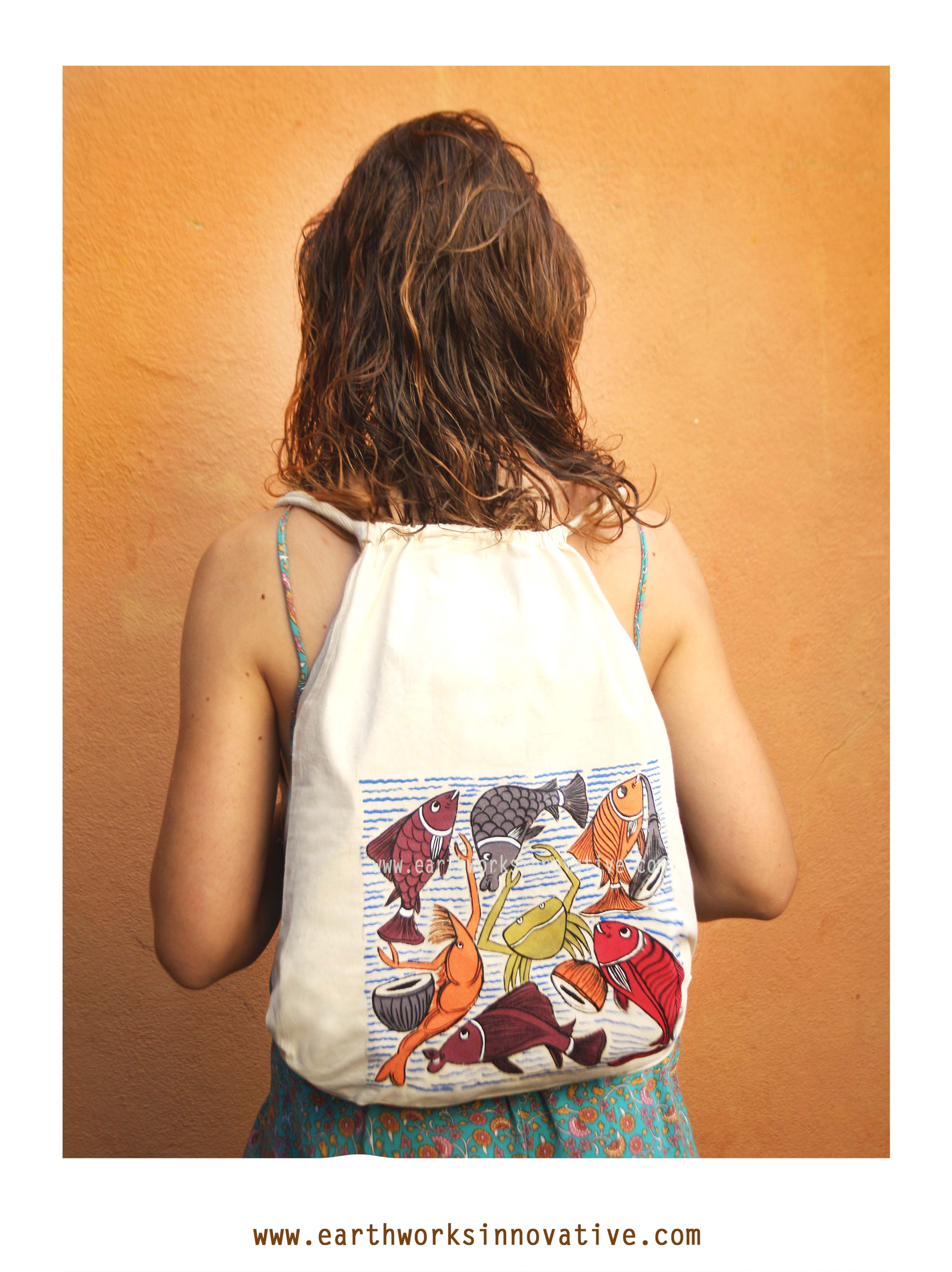 Hand-painted Backpack - Patachithra art (West Bengal) - Peacock