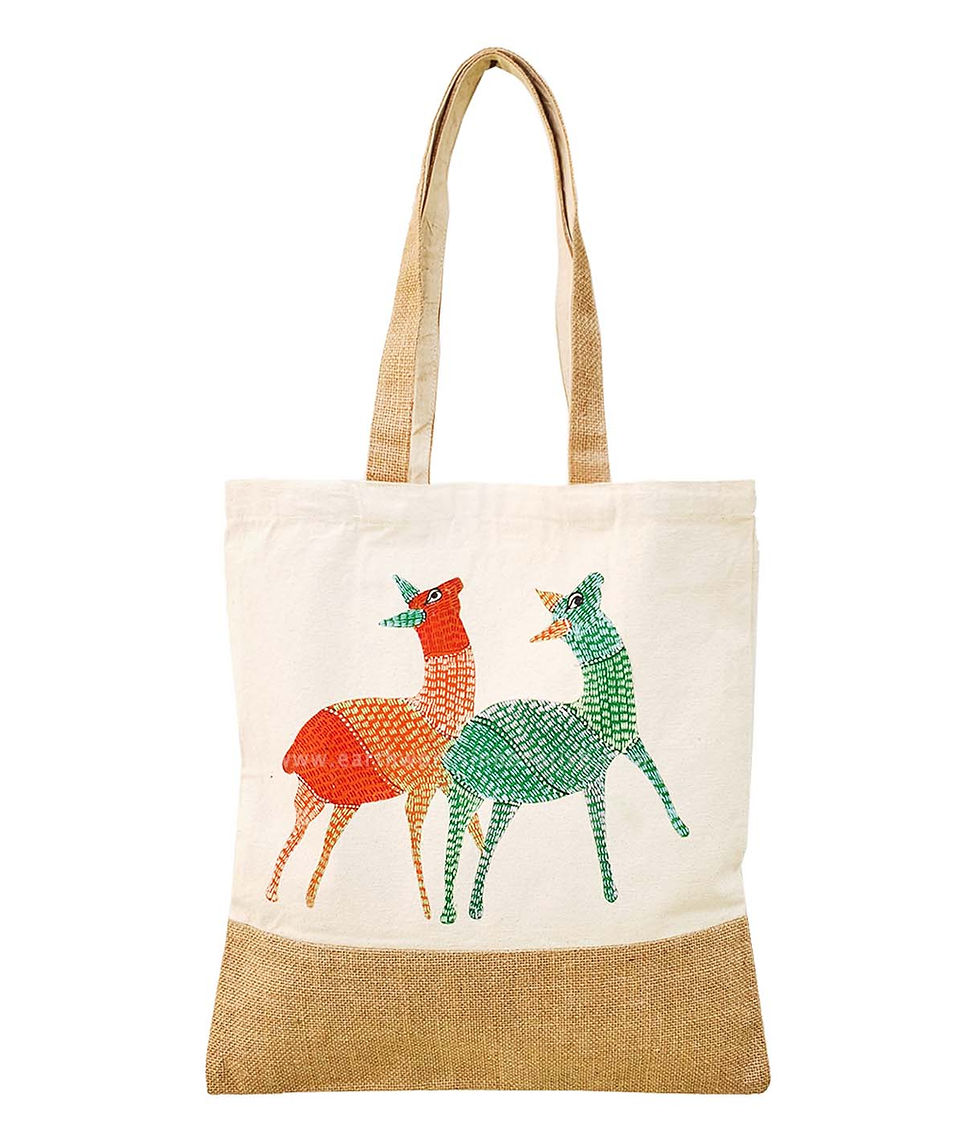 Thumbnail: Earthworks hand painted Canvas Jute Tote bag - GOND ART - Deer