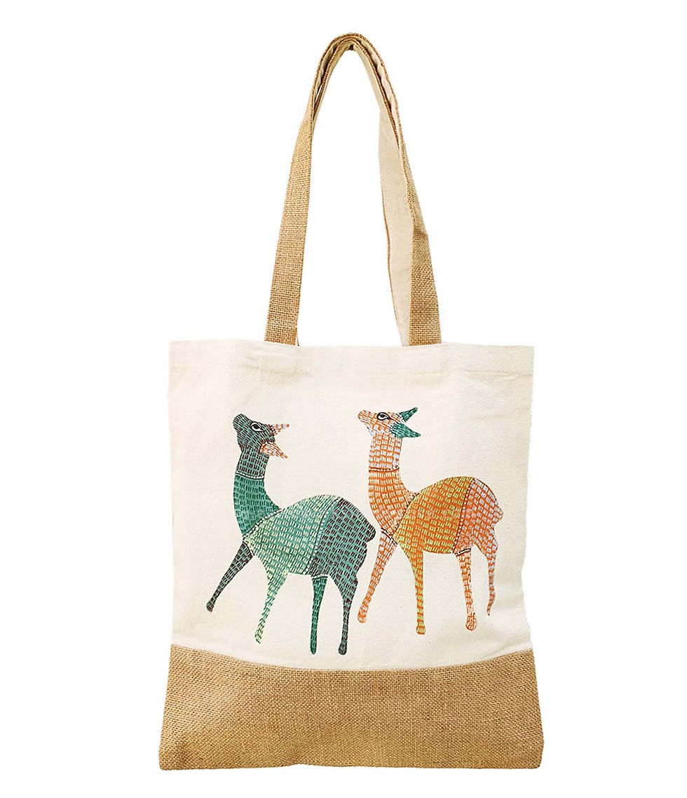 Thumbnail: Earthworks hand painted Canvas Jute Tote bag - GOND ART - Deer