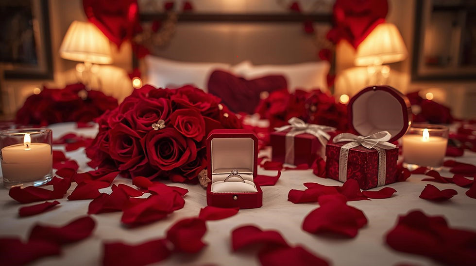 A romantic proposal scene in a luxury hotel room with red helium filled balloon, soft cand
