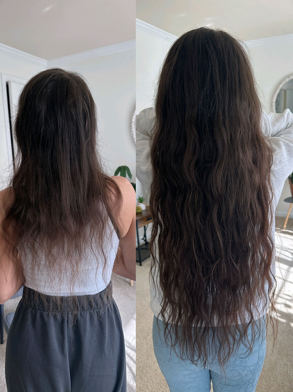22 inch K-tip hair extension before and after on dark brunette hair